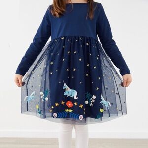Hanna Andersson navy Tulle dress unicorns and stars long sleeve holiday Sz 10